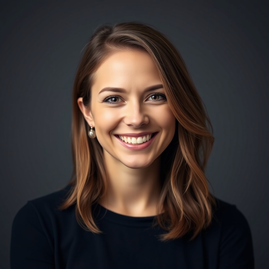 portrait headshot of a smiling woman in her thirties, soft studio lighting, friendly expression