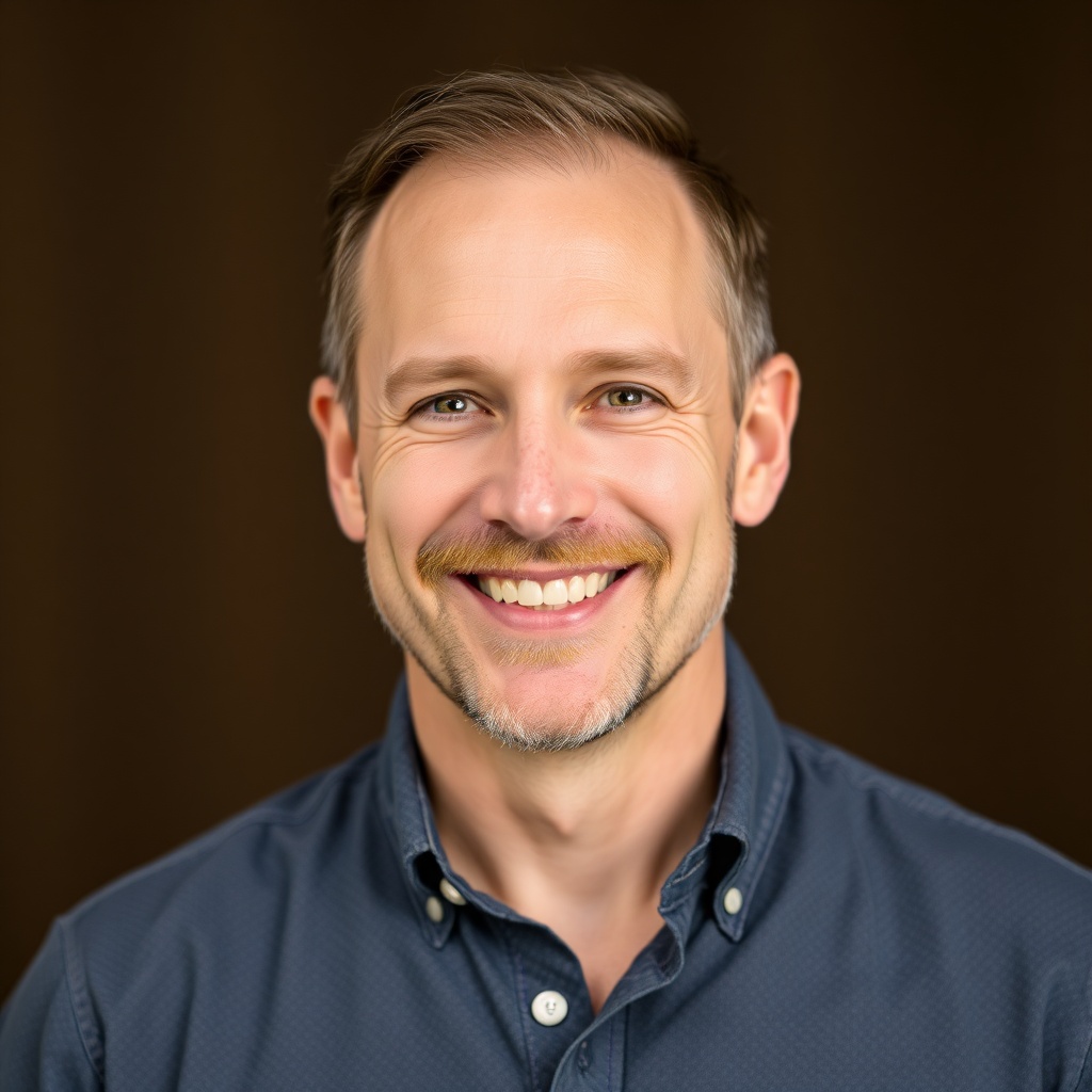 portrait headshot of a smiling man in his forties, casual attire, warm expression, professional phot