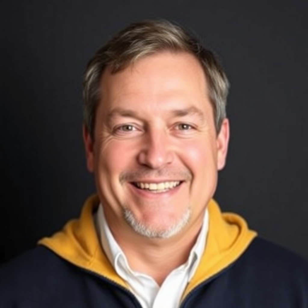 Portrait headshot of a smiling man, dark background