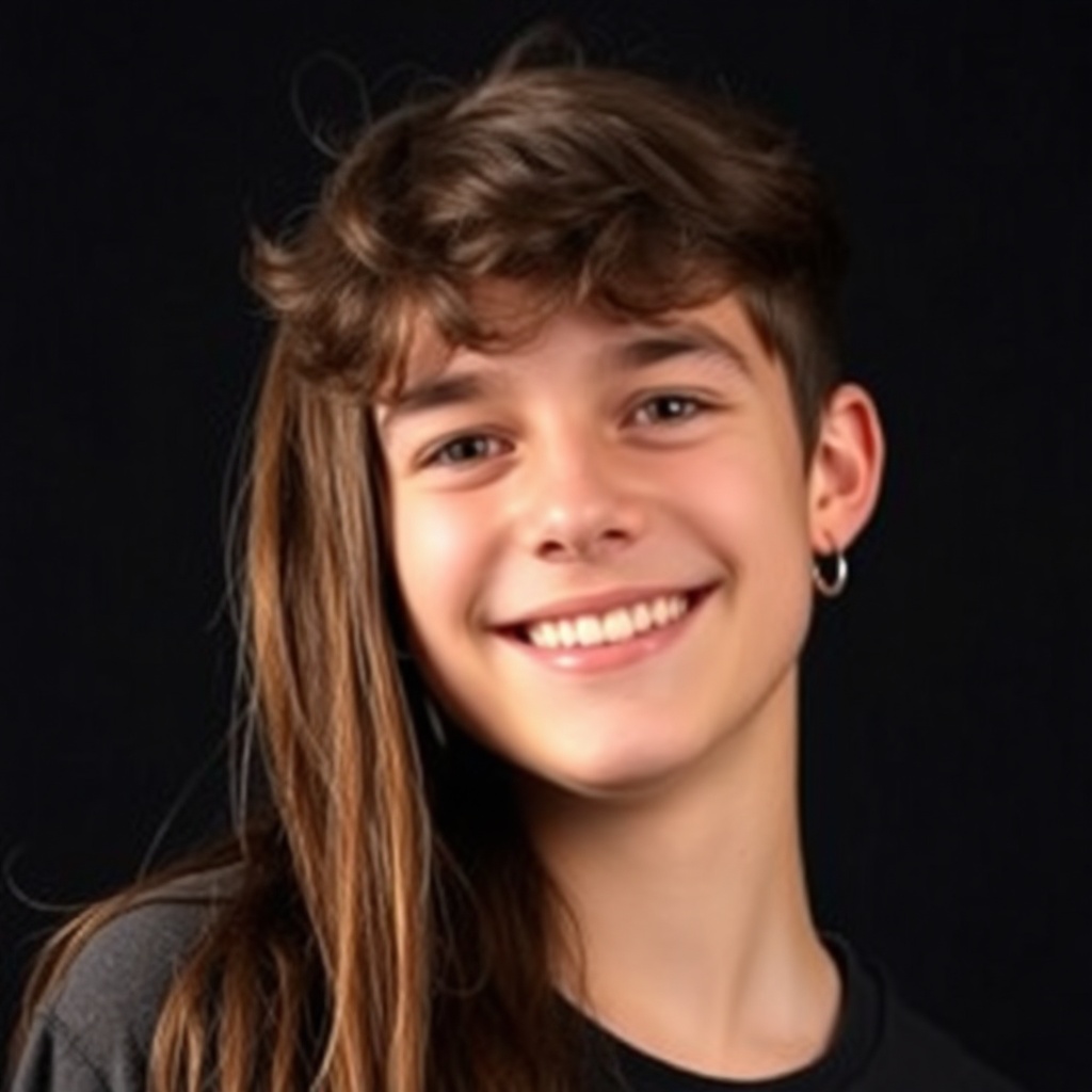 Portrait headshot of a smiling teenager, dark background