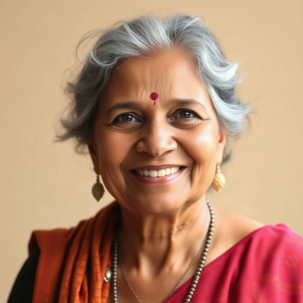 portrait headshot of a smiling middle-aged Indian woman, without background