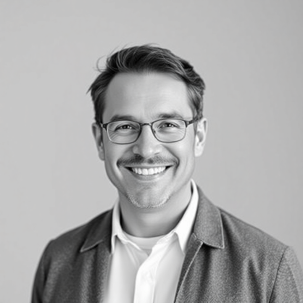 portrait headshot of a smiling man in his forties, neutral studio background