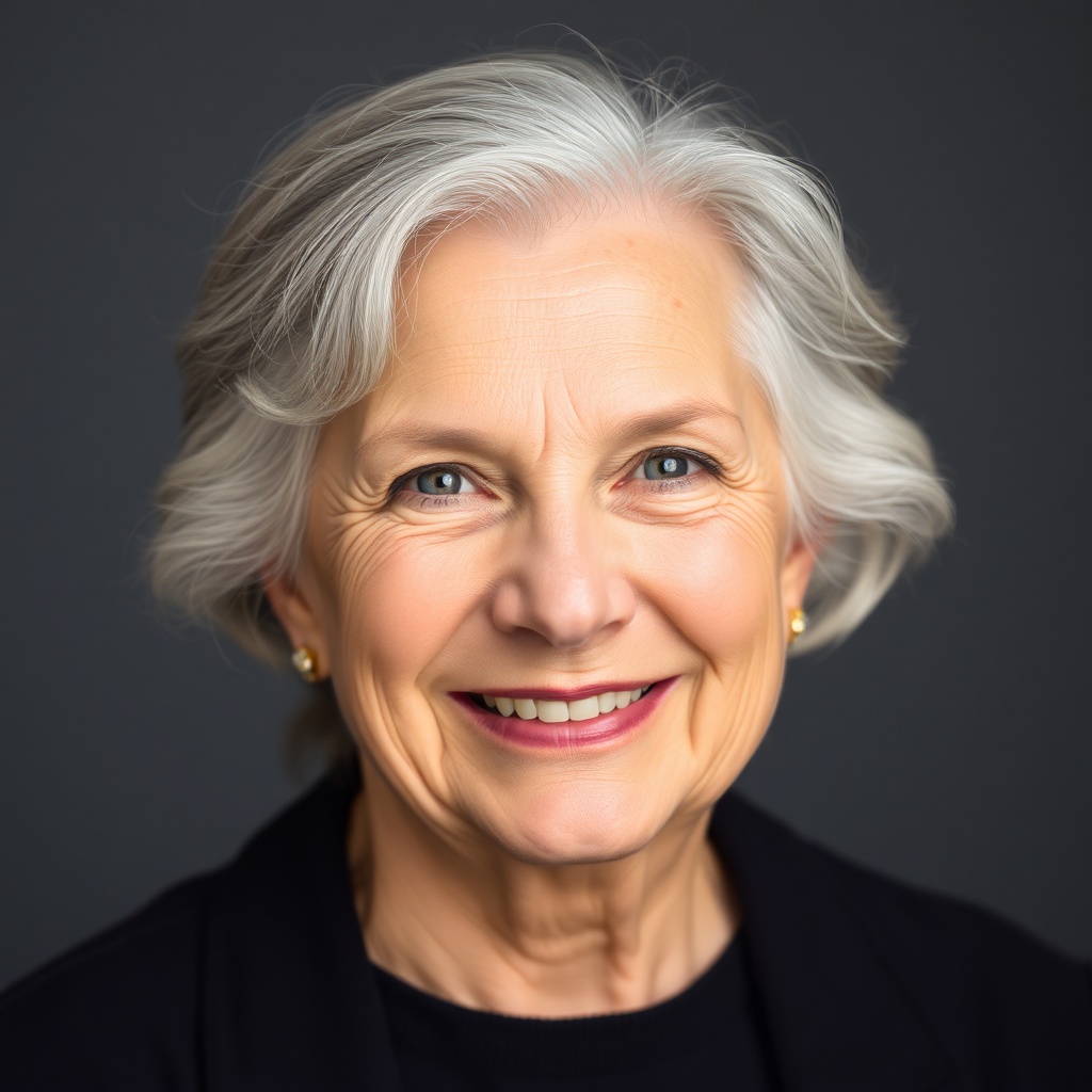 portrait headshot of a smiling older woman, silver hair, gentle expression, professional photography