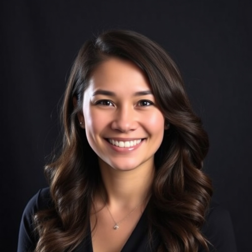 Portrait headshot of a smiling woman, dark background