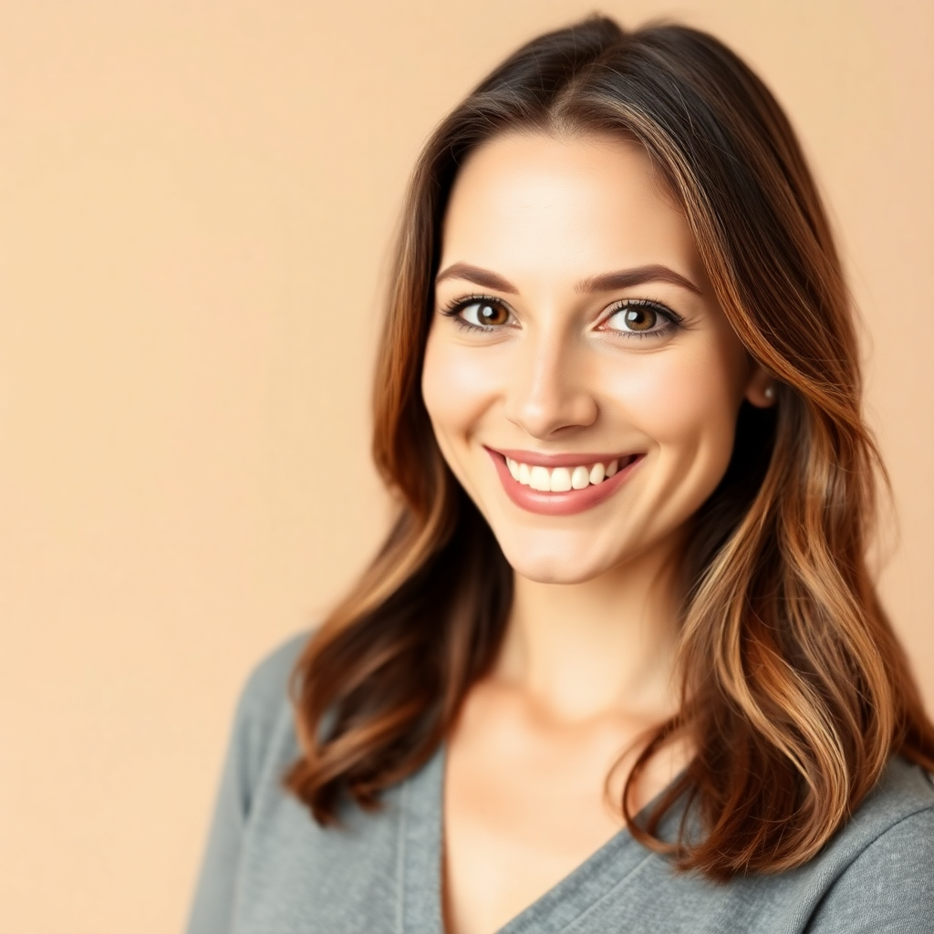 portrait headshot of a smiling woman in her thirties, neutral studio background
