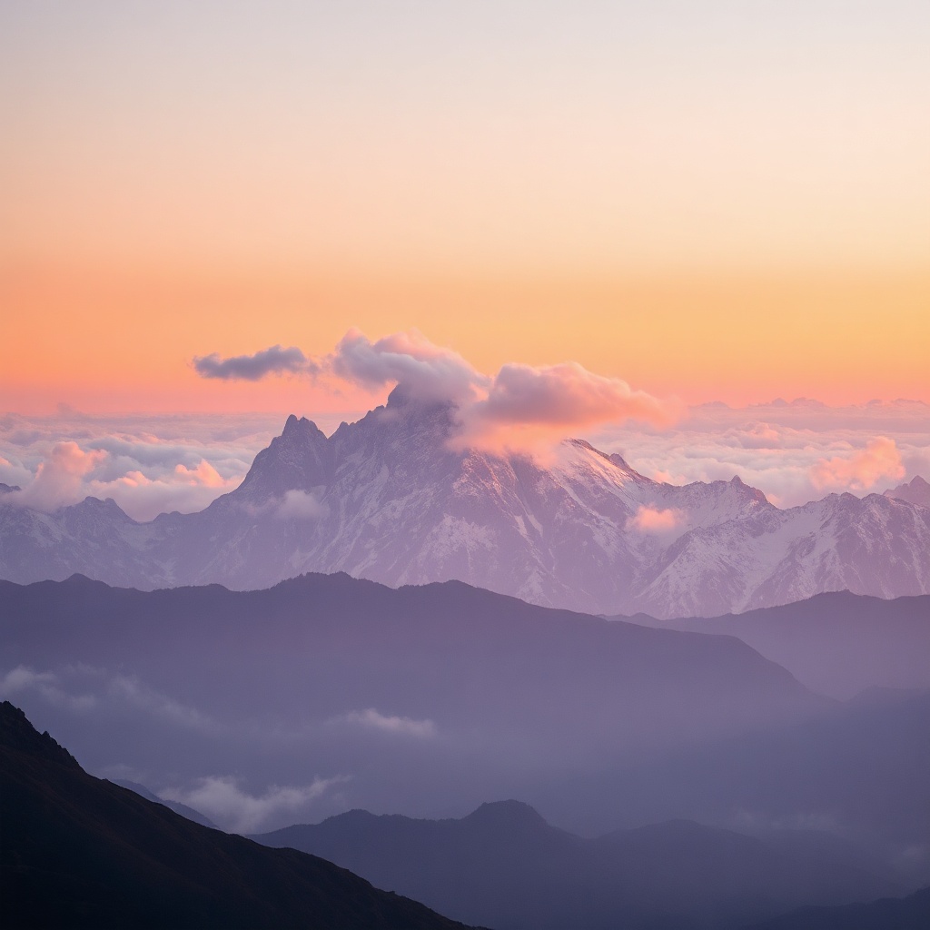 Ethereal mountain landscape with soft purple and orange sunset glow, clouds rolling through peaks, c