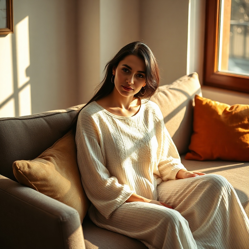 serene middle eastern woman sitting on a comfortable sofa, warm morning sunlight, premium interior, 