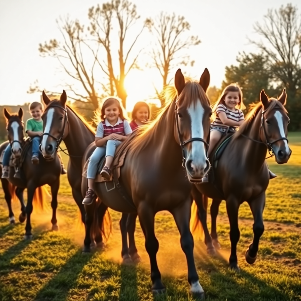group of children with disabilities riding horses outdoors in golden afternoon light, joyful emotion