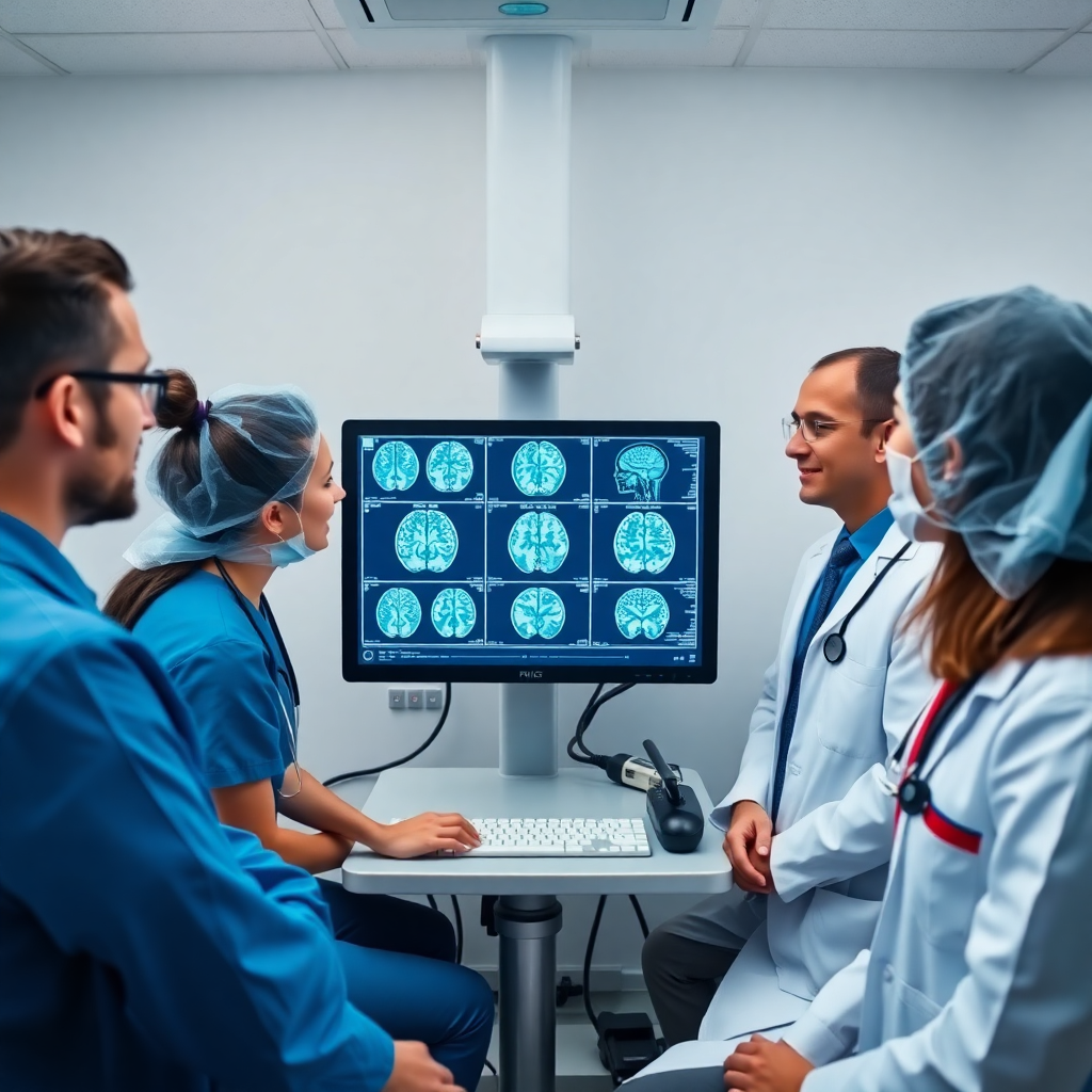 medical students gathered around a computer screen analyzing digital brain scans in a modern hospital, photorealistic