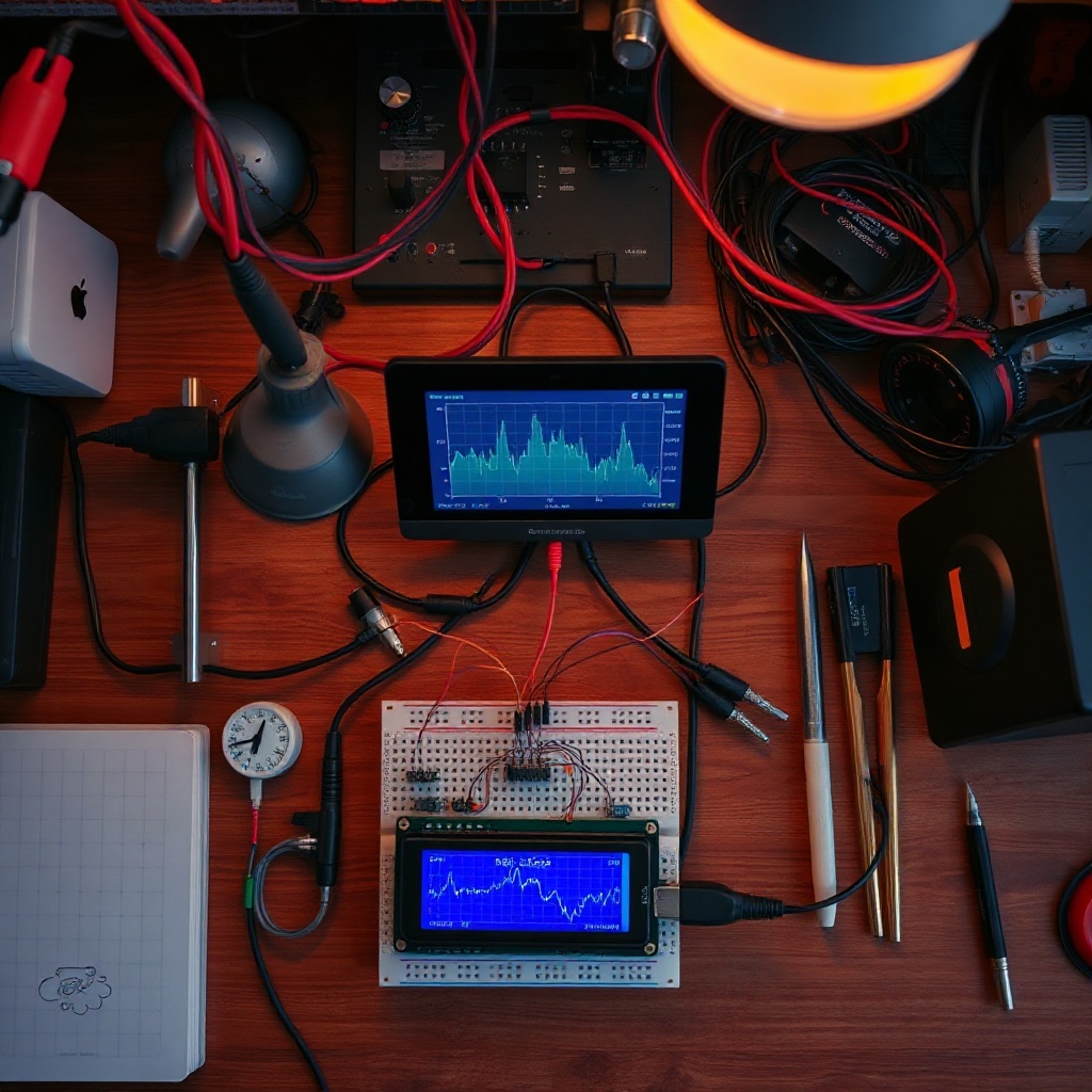 top-down shot of a busy engineering workbench with a breadboard, wires, and a small screen showing l