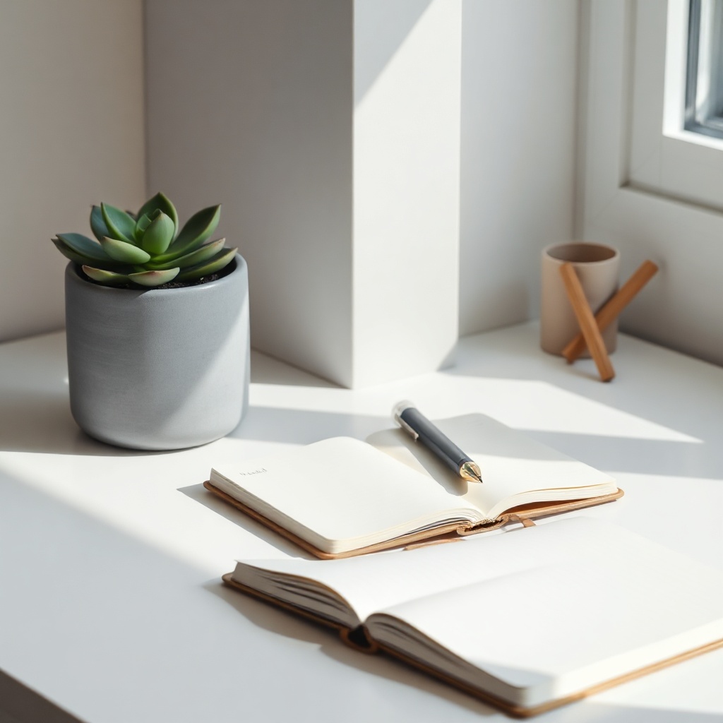 minimalist desk with succulent plant and notebook, calm workspace, soft daylight, editorial