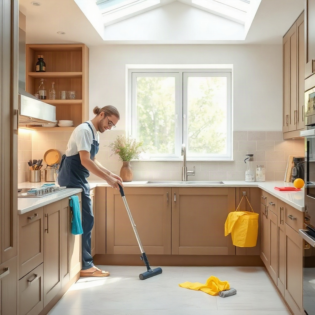 professional cleaner in uniform cleaning a high-end kitchen, focus on clean surfaces, bright and air