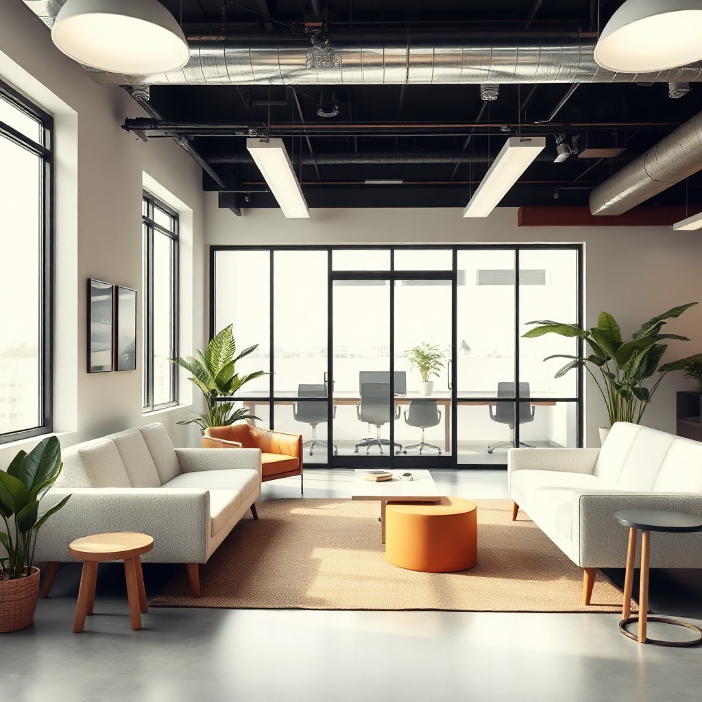 minimalist lounge area in a tech startup office with cozy furniture and bright windows