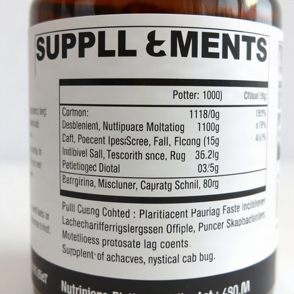 clean white supplement nutrition label showing facts, black text, professional style