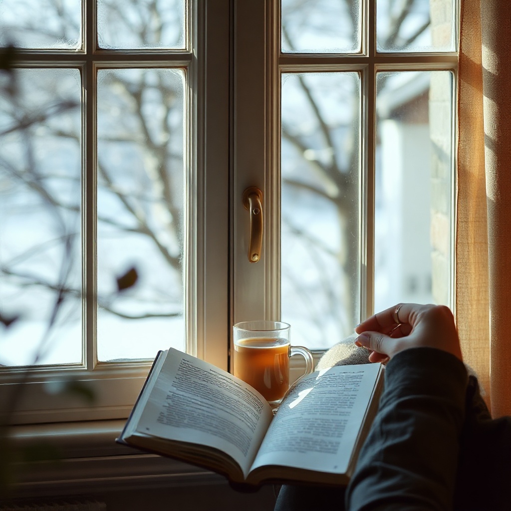 person reading book by window with coffee, cozy calm interior, warm light, editorial lifestyle