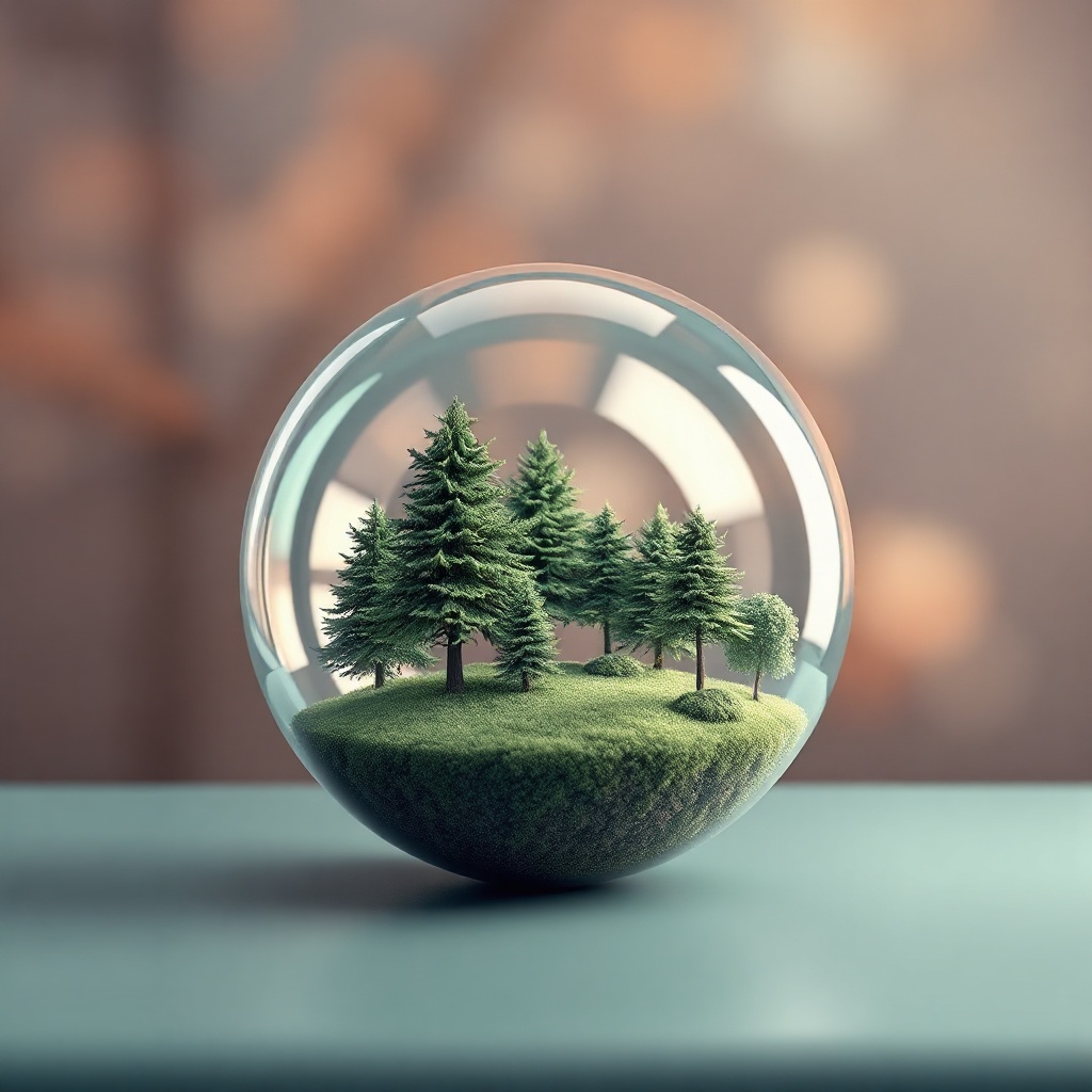 3D render of a glass sphere with a miniature forest inside, surreal art, soft bokeh background