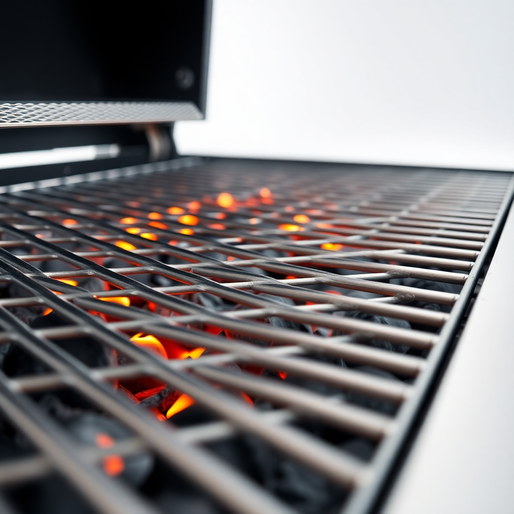 close-up of stainless steel BBQ grill grates with glowing charcoal embers, clean white studio lighti