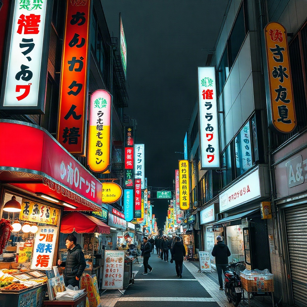 vibrant neon lights of Osaka city street with food stalls