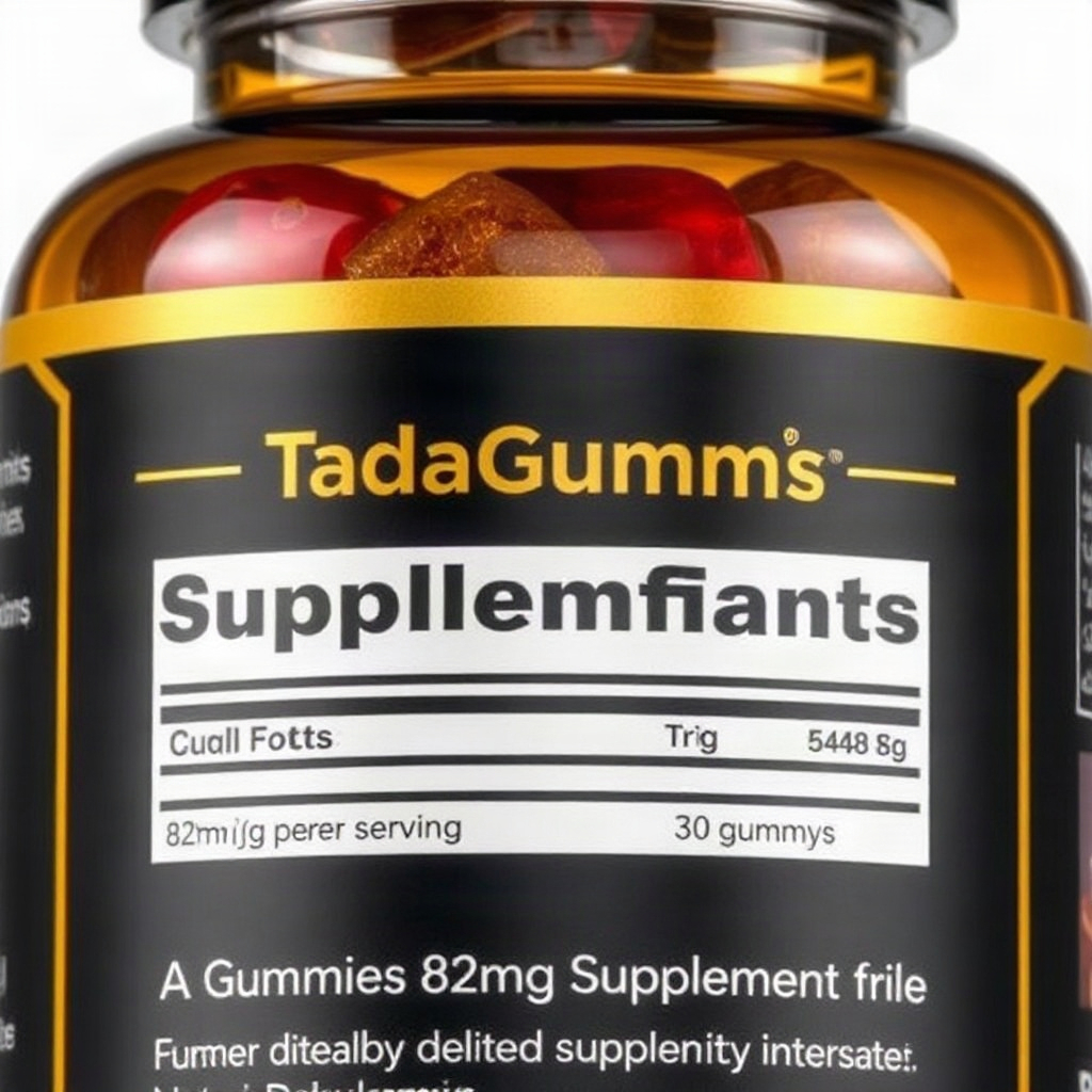 close-up of TadaGummies bottle label, black and gold design, supplement facts, 82mg per serving text
