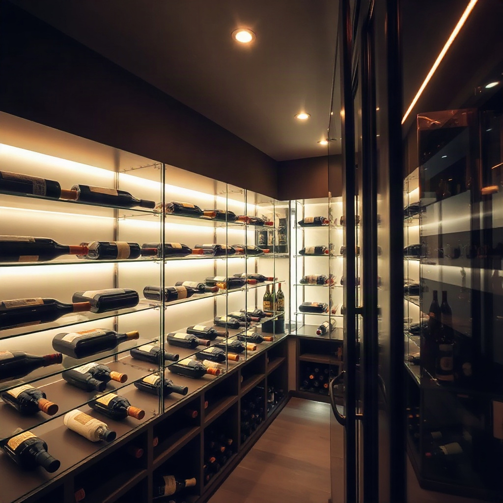 elegant wine cellar interior, glass shelves with wine bottles, warm ambient lighting, luxury atmosph