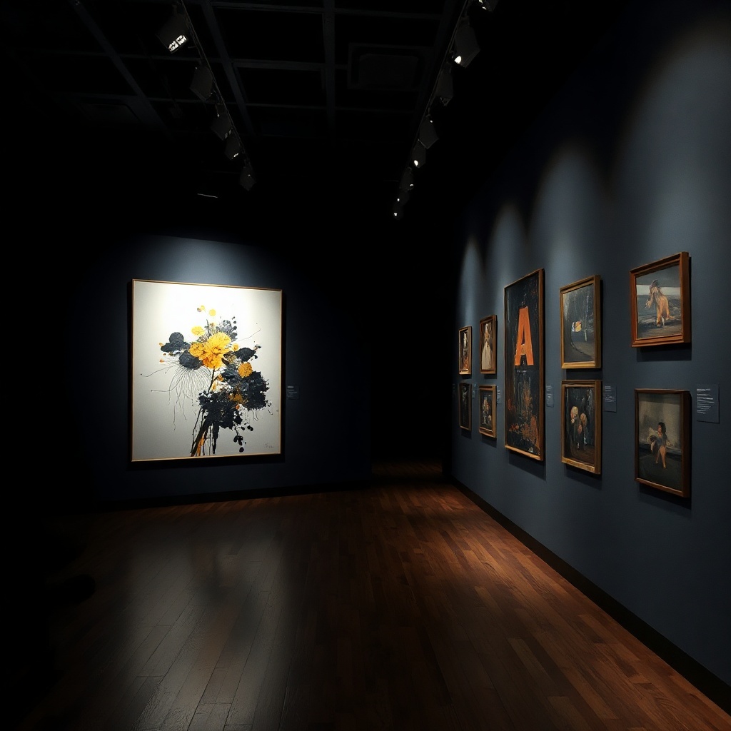 dramatic gallery interior with spotlight-lit contemporary artwork