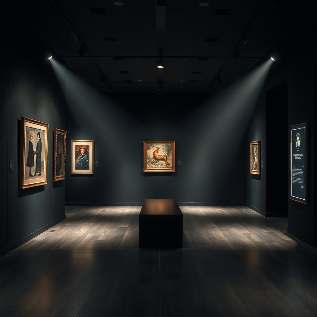 dramatic gallery interior with spotlight-lit contemporary artwork