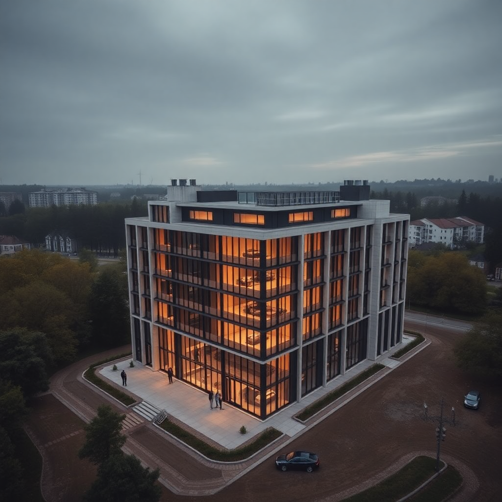 luxury high-end residential building construction site aerial view elegant architecture Poland, edit