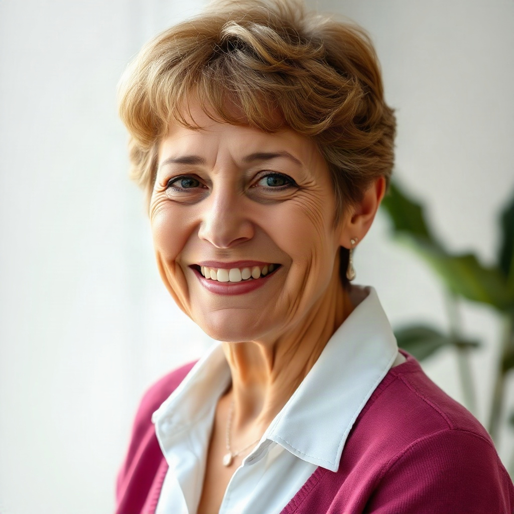 friendly portrait headshot of a smiling woman in her 50s, soft natural light