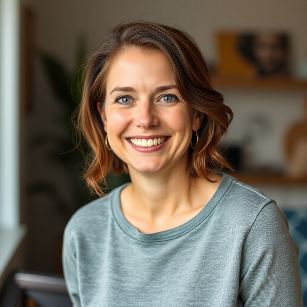friendly portrait headshot of a smiling woman in her 30s, soft natural light, lifestyle photography