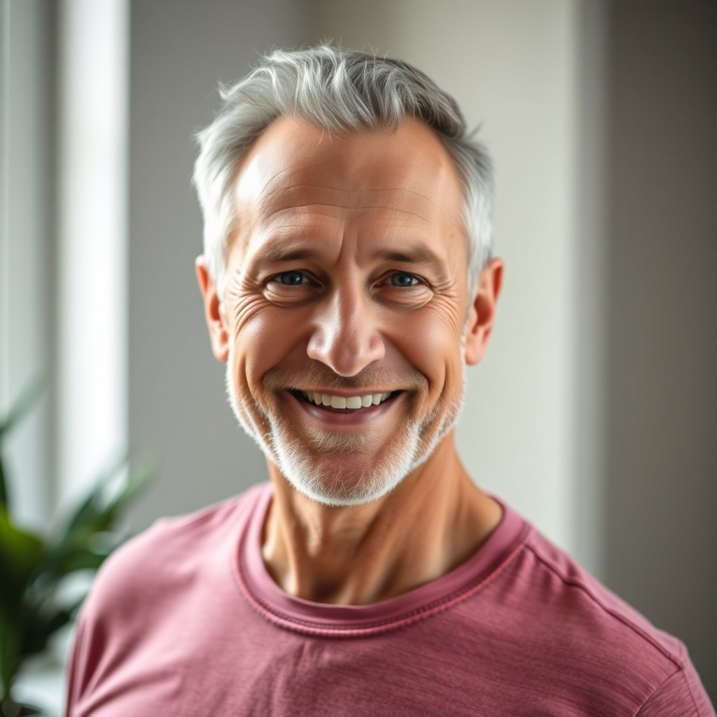 friendly portrait headshot of a fit man in his 50s, soft natural light, lifestyle photography