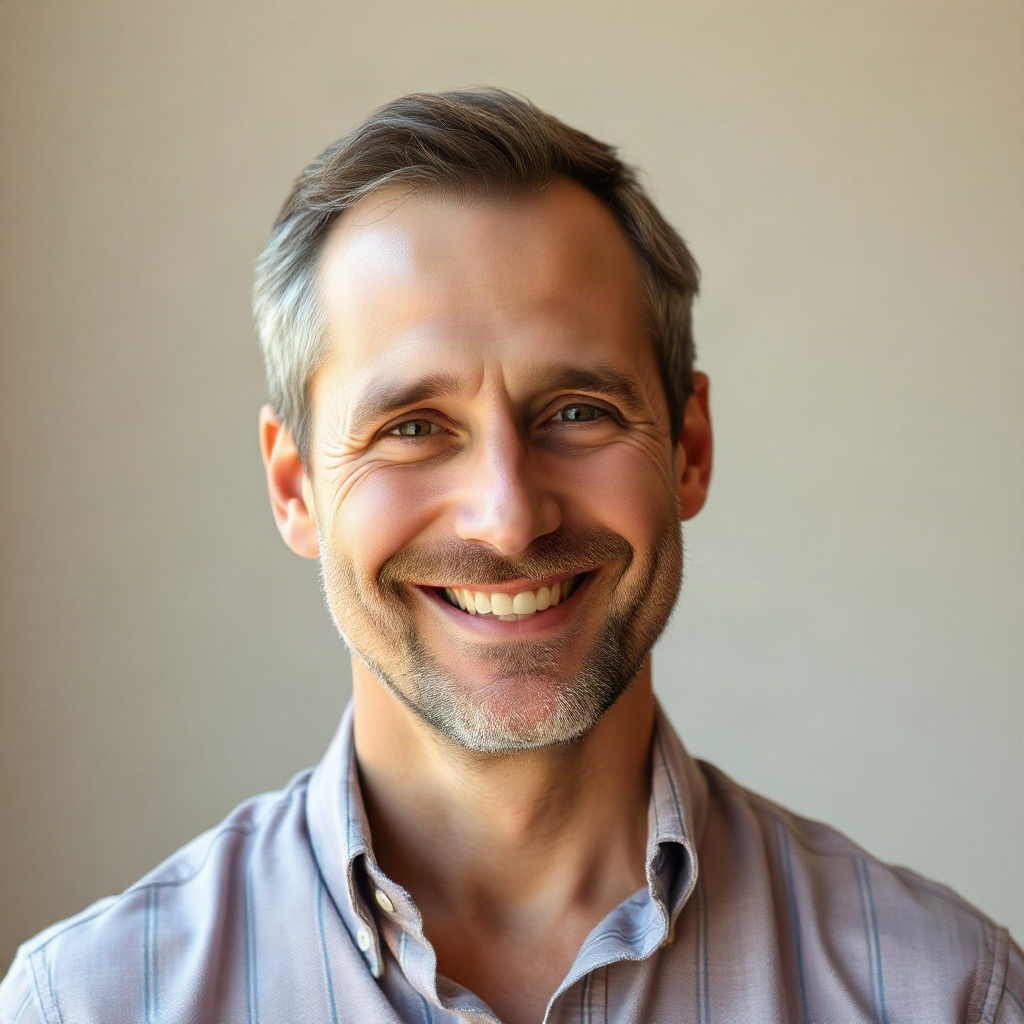friendly portrait headshot of a smiling man in his 40s, soft natural light