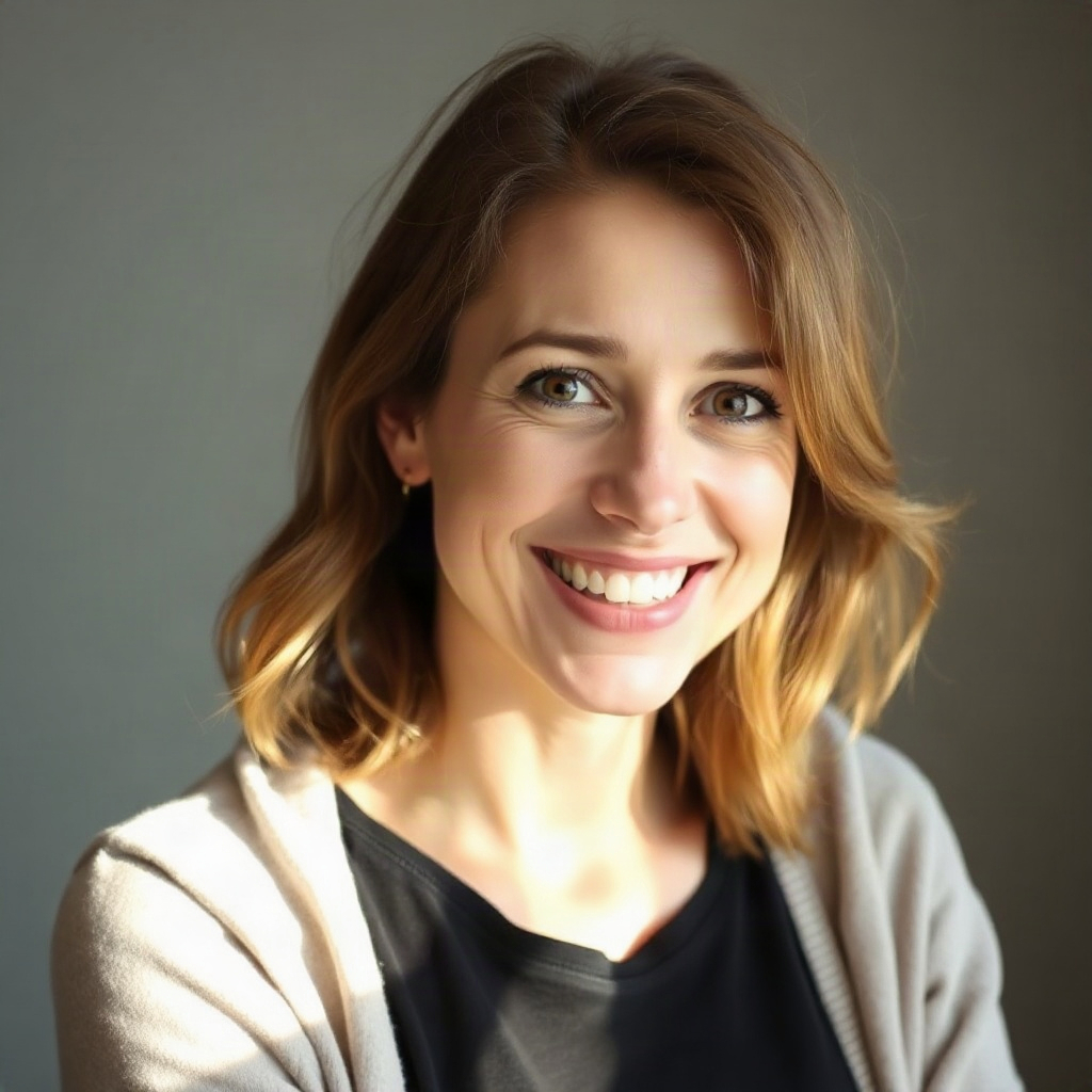 friendly portrait headshot of a smiling woman in her 30s, soft natural light