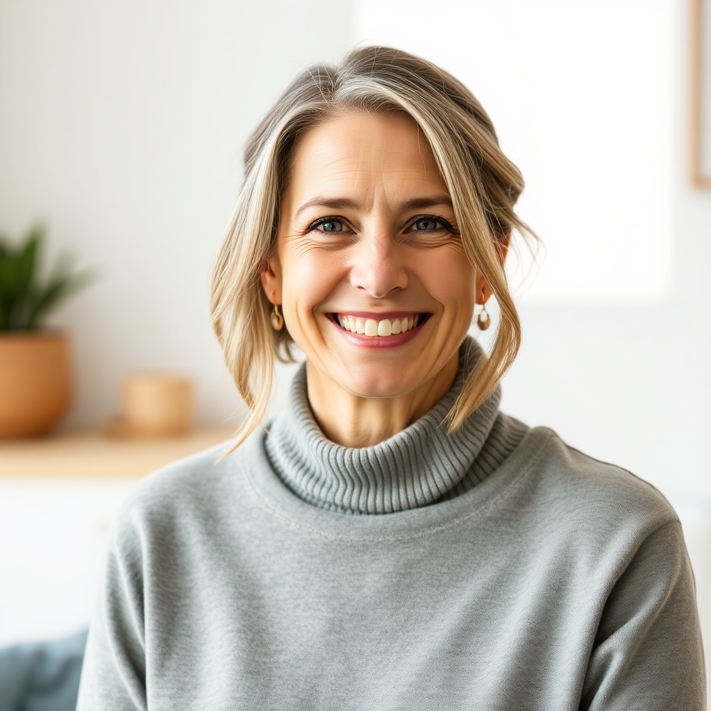 friendly portrait headshot of a happy woman in her 40s, soft natural light, lifestyle photography