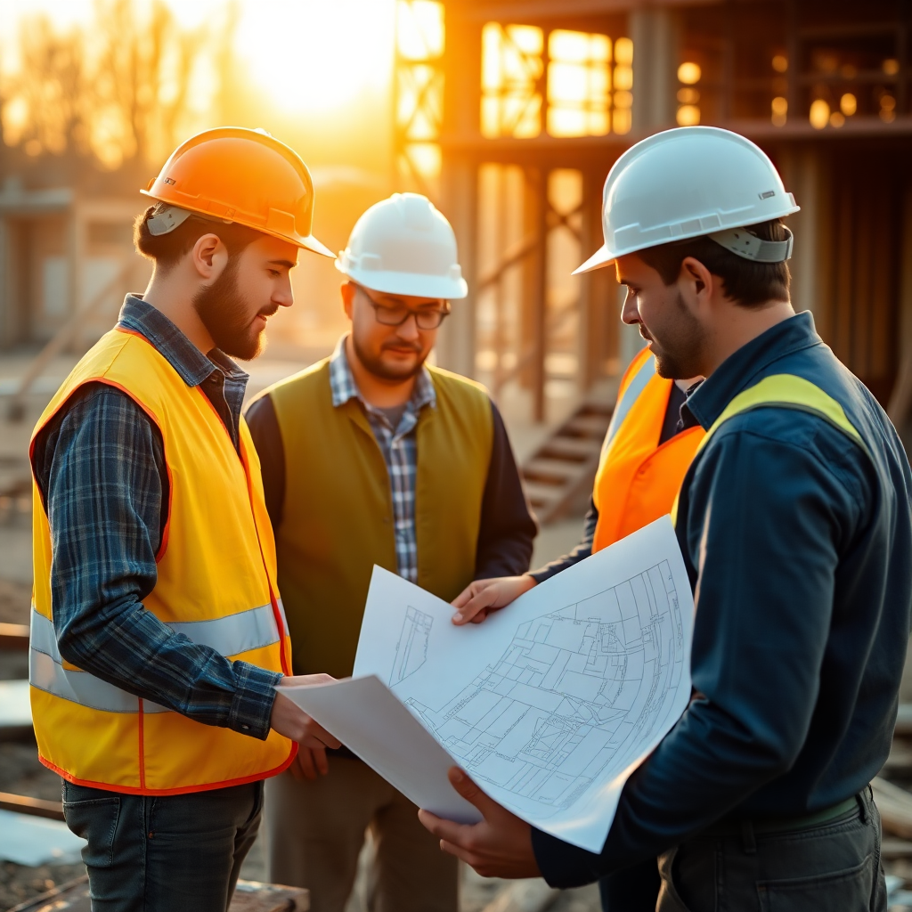 construction site workers in hard hats reviewing blueprints, professional team, Poland, golden hour 