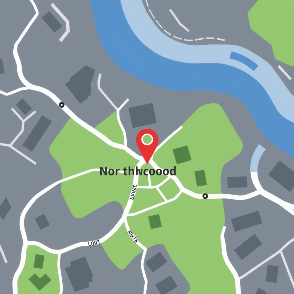 simplified stylized street map of Northwood London area with a pin icon