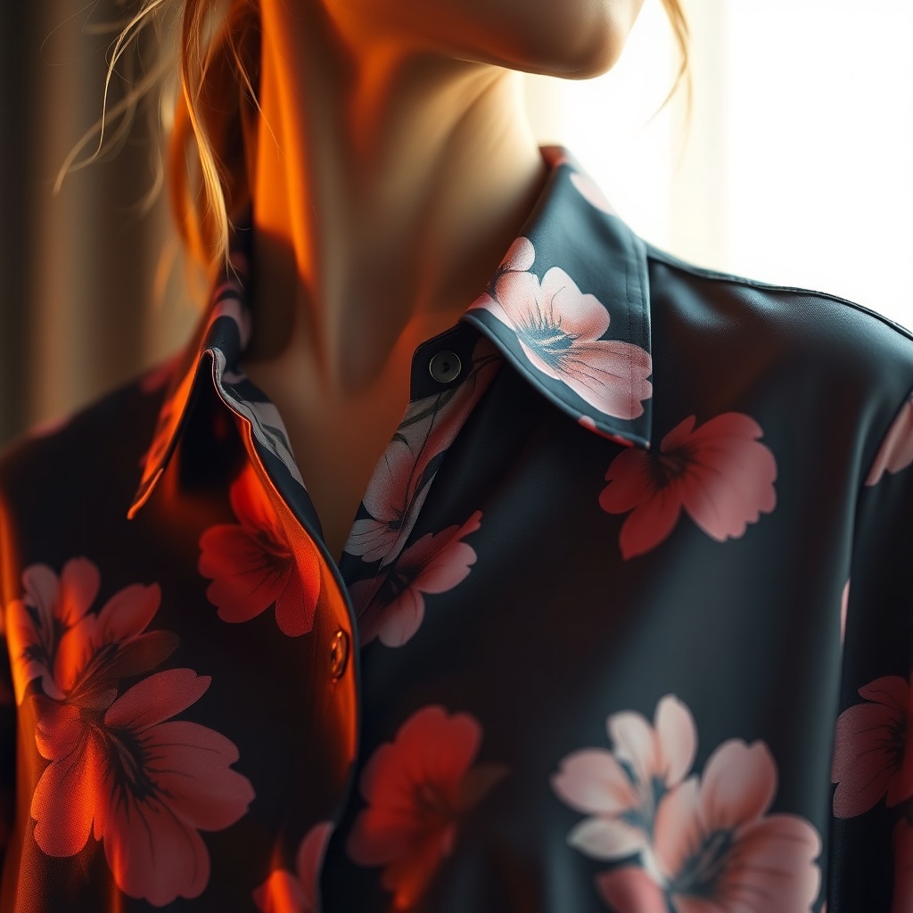 modern floral silk shirt detail, warm studio lighting, fashion product photography