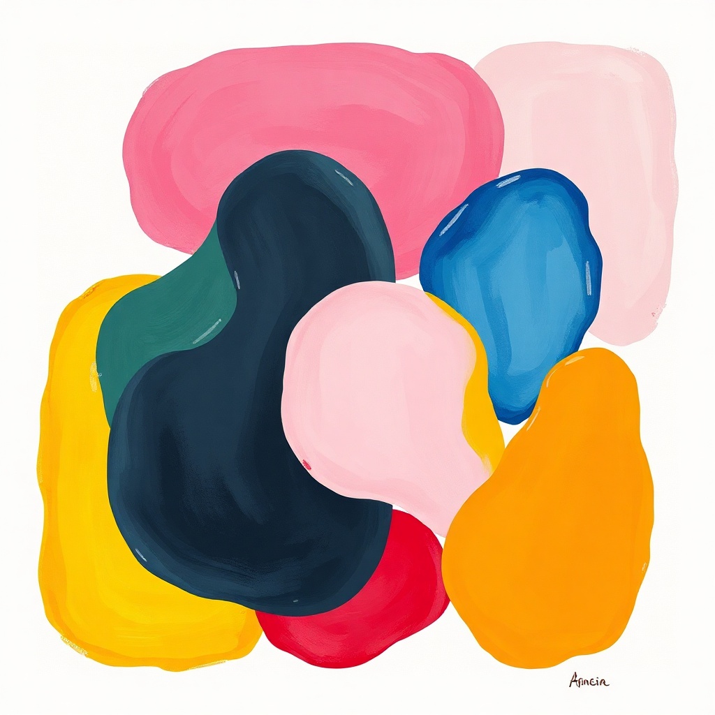 abstract colorful shapes painting, vibrant pink blue and yellow, organic forms, modern art style