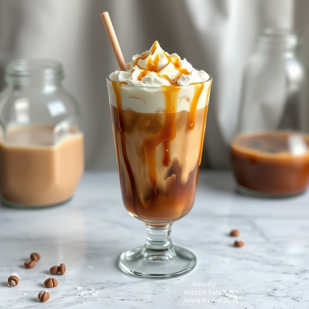 caramel cold brew iced coffee with caramel drizzle sea salt cream in a glass, desert witch aesthetic