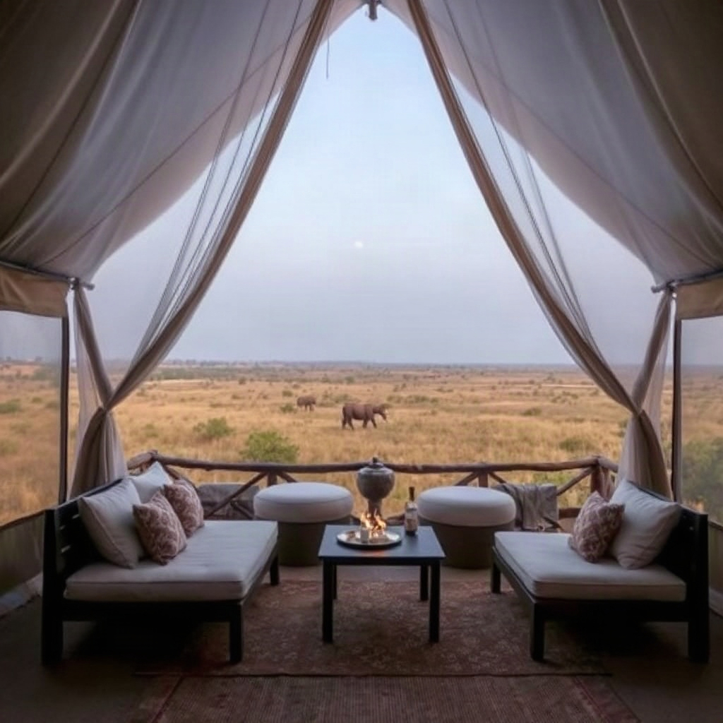 luxury safari tent interior with a view of the savanna, romantic setup