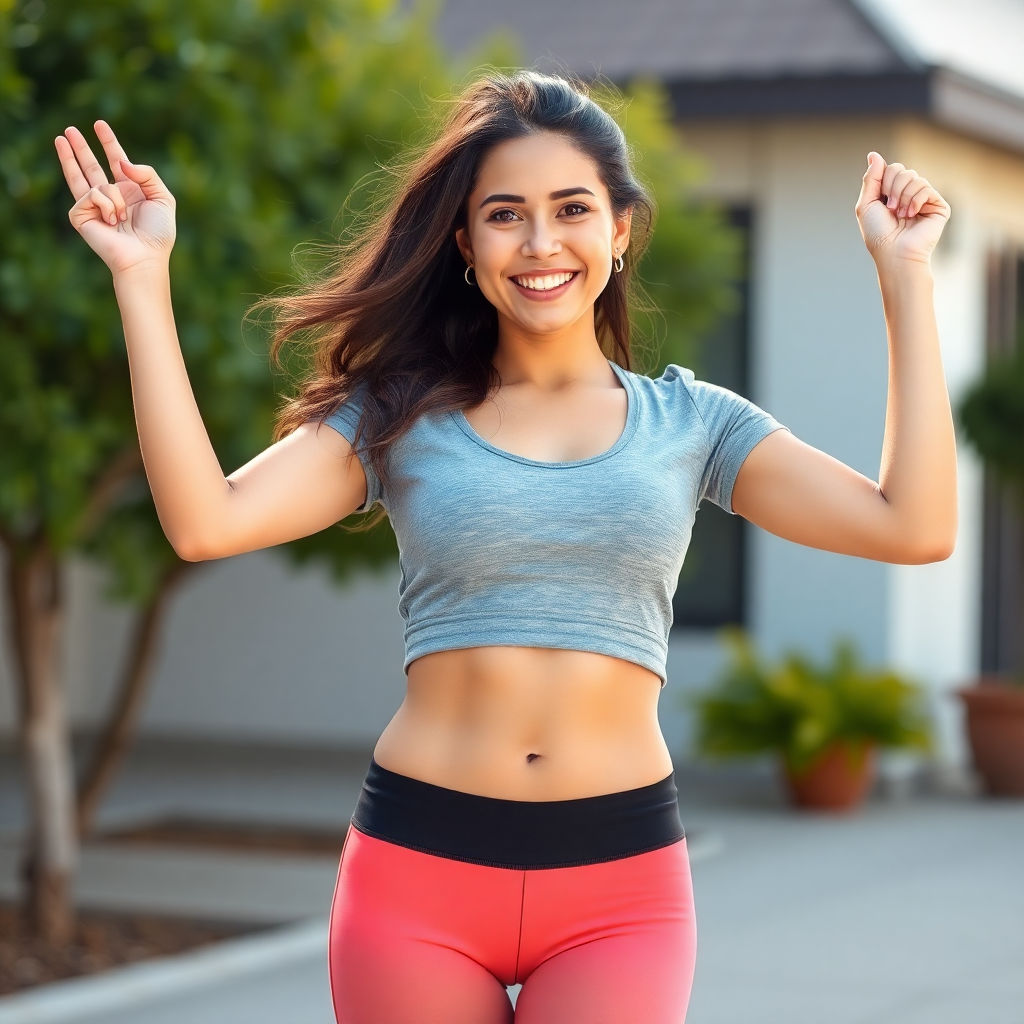 woman celebrating weight loss achievement, fit energetic woman smiling, healthy slim body, vibrant w