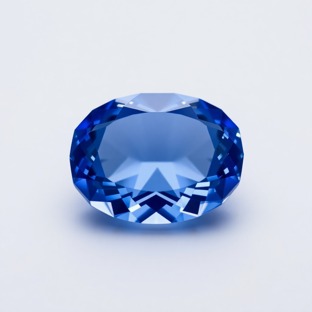 macro photography of a perfectly cut flawless sapphire gemstone on a minimalist light grey background