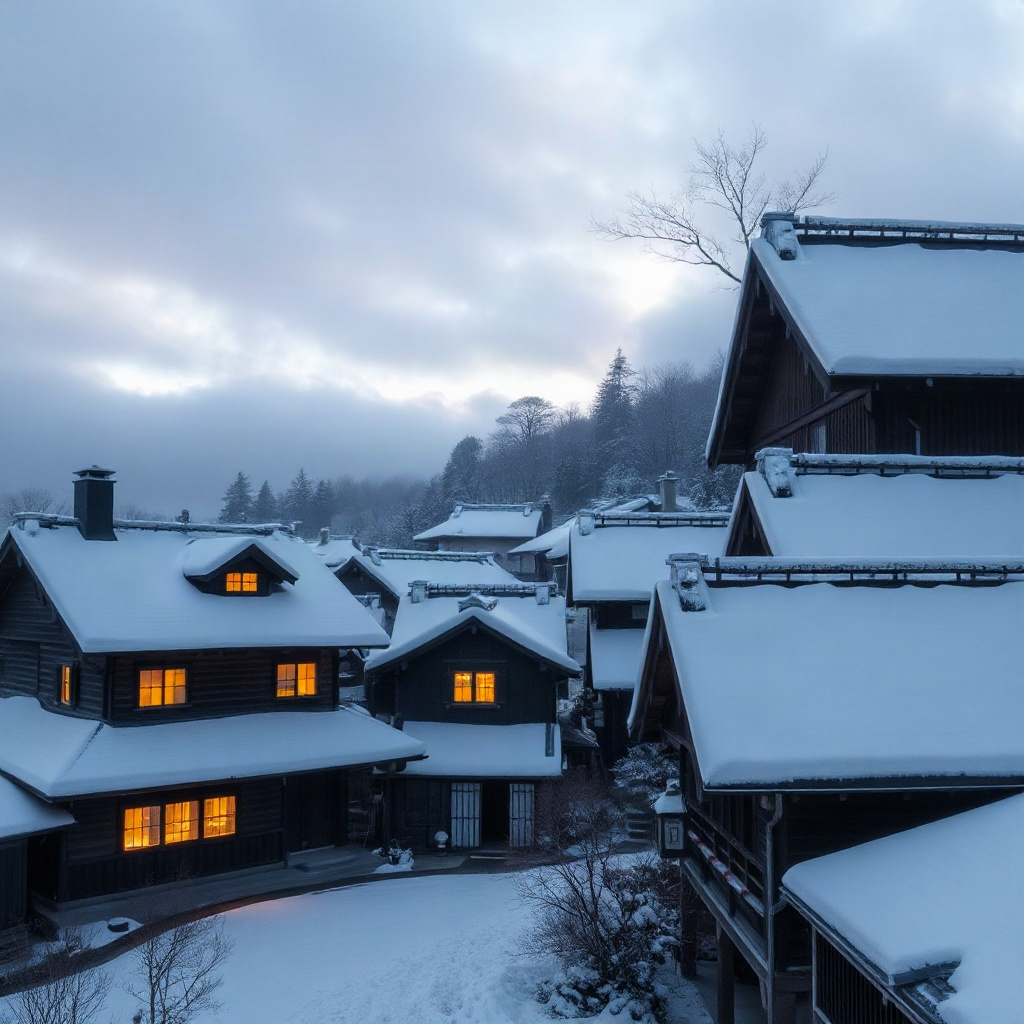 snow-covered traditional houses in a Japanese village at dusk, glowing windows