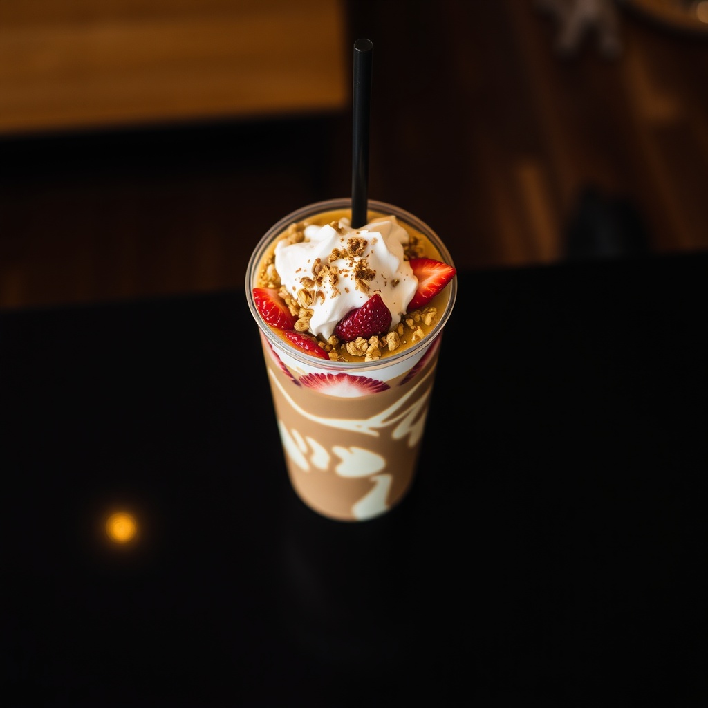 overhead view of a layered coffee parfait drink in a clear plastic cup with strawberries granola and