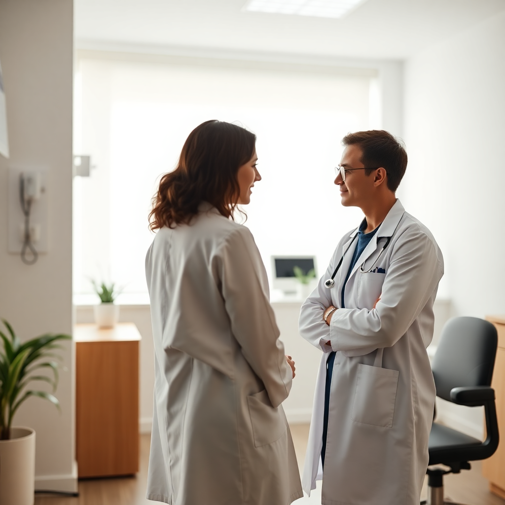 young doctor in white coat consulting with a patient in a clean modern clinic room, warm natural lighting, photorealistic