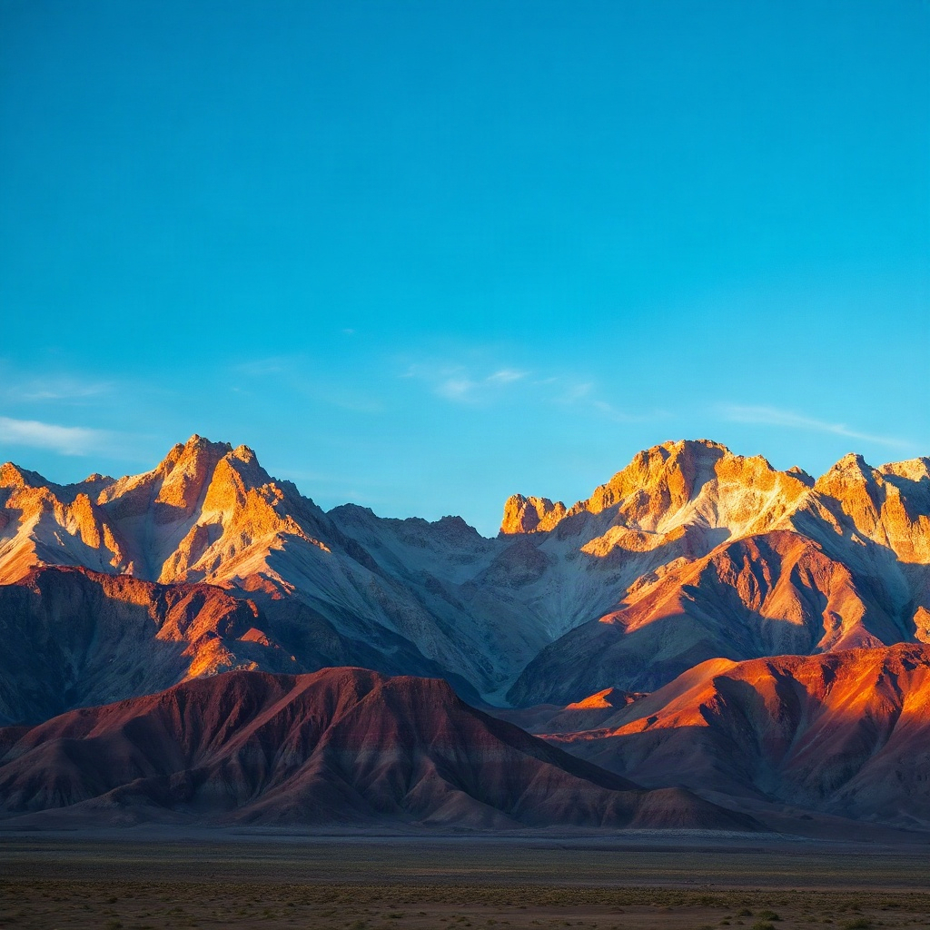 dramatic desert mountain range with rugged peaks under a vast blue sky, cinematic lighting, high res