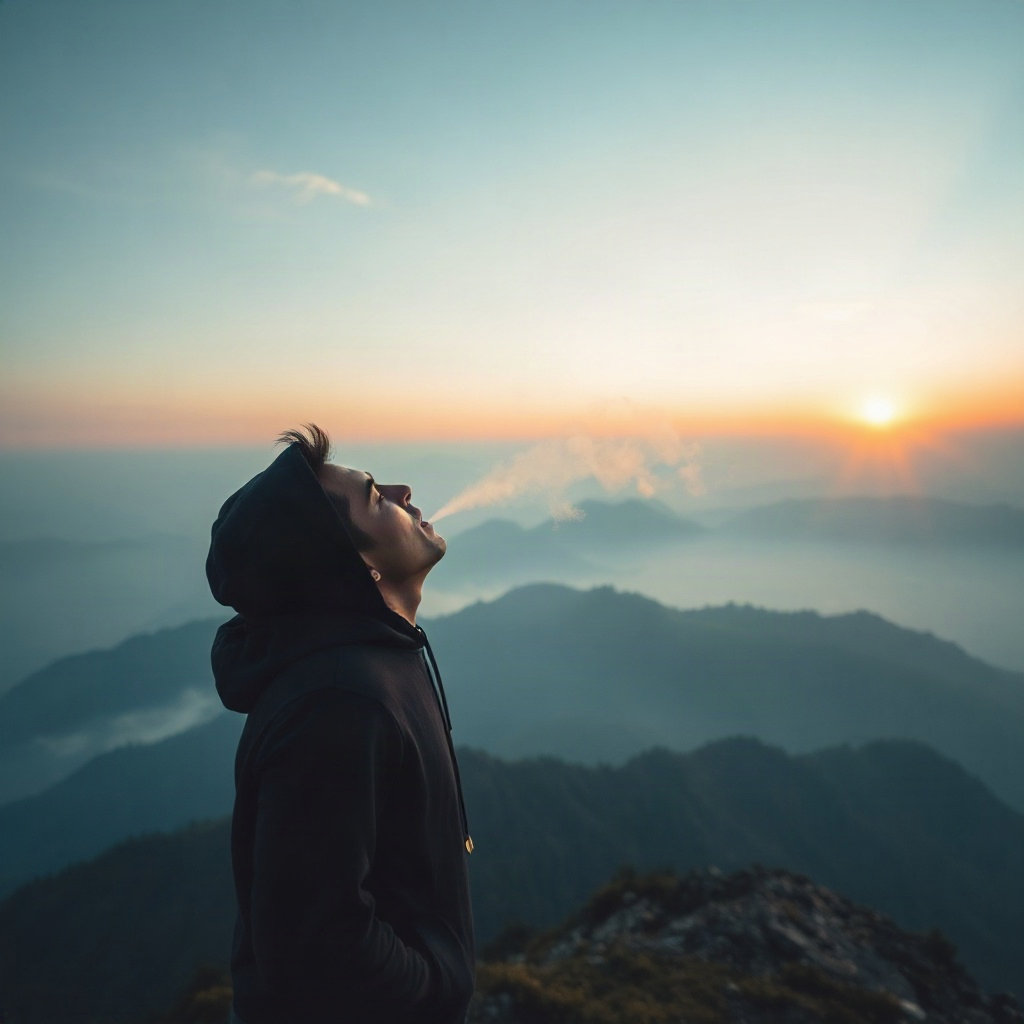 Cinematic wide shot of a person breathing fresh mountain air at sunrise, misty peaks, deep blue and