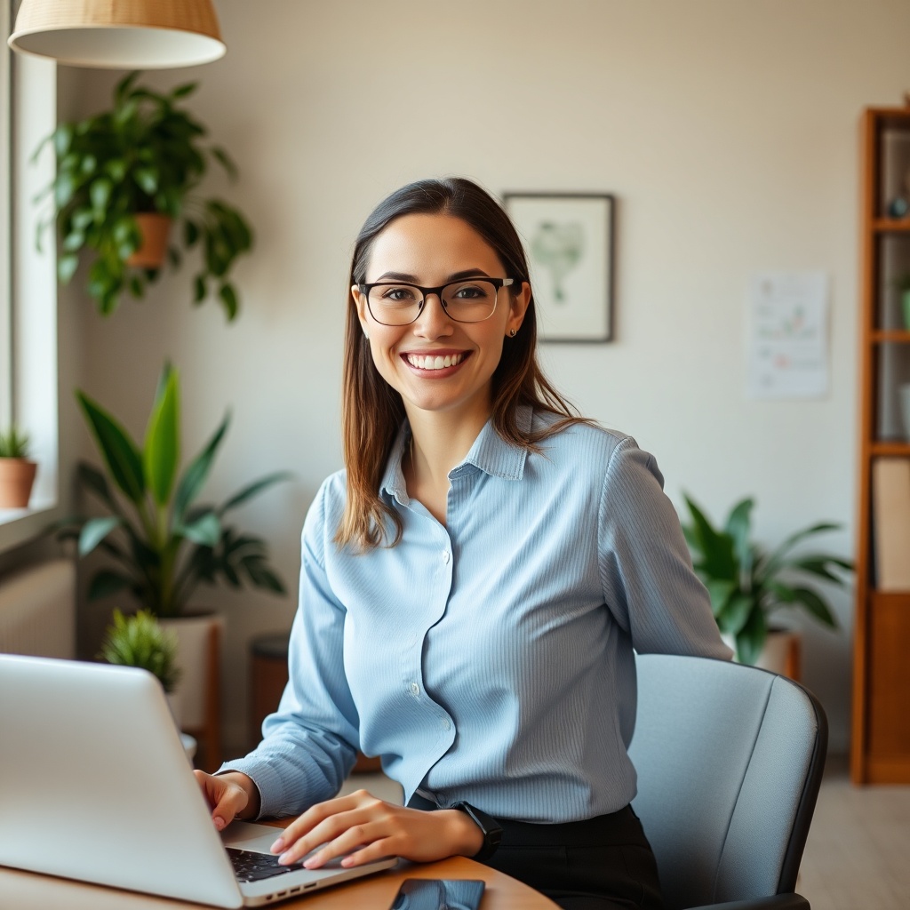 friendly professional female accountant in warm cozy office with plants and wooden furniture, smilin