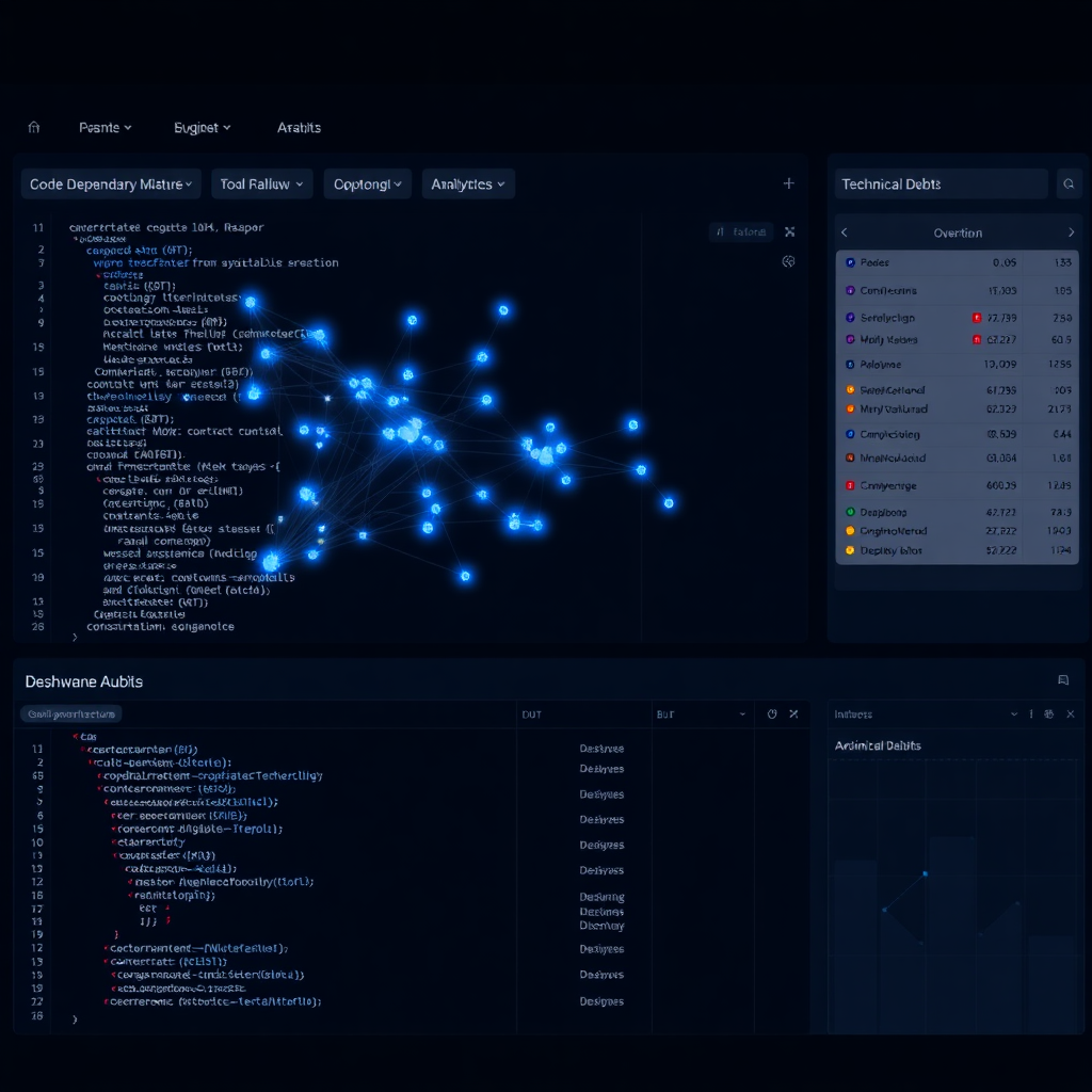 enterprise software audit dashboard dark UI, code dependency graph visualization with blue glowing n