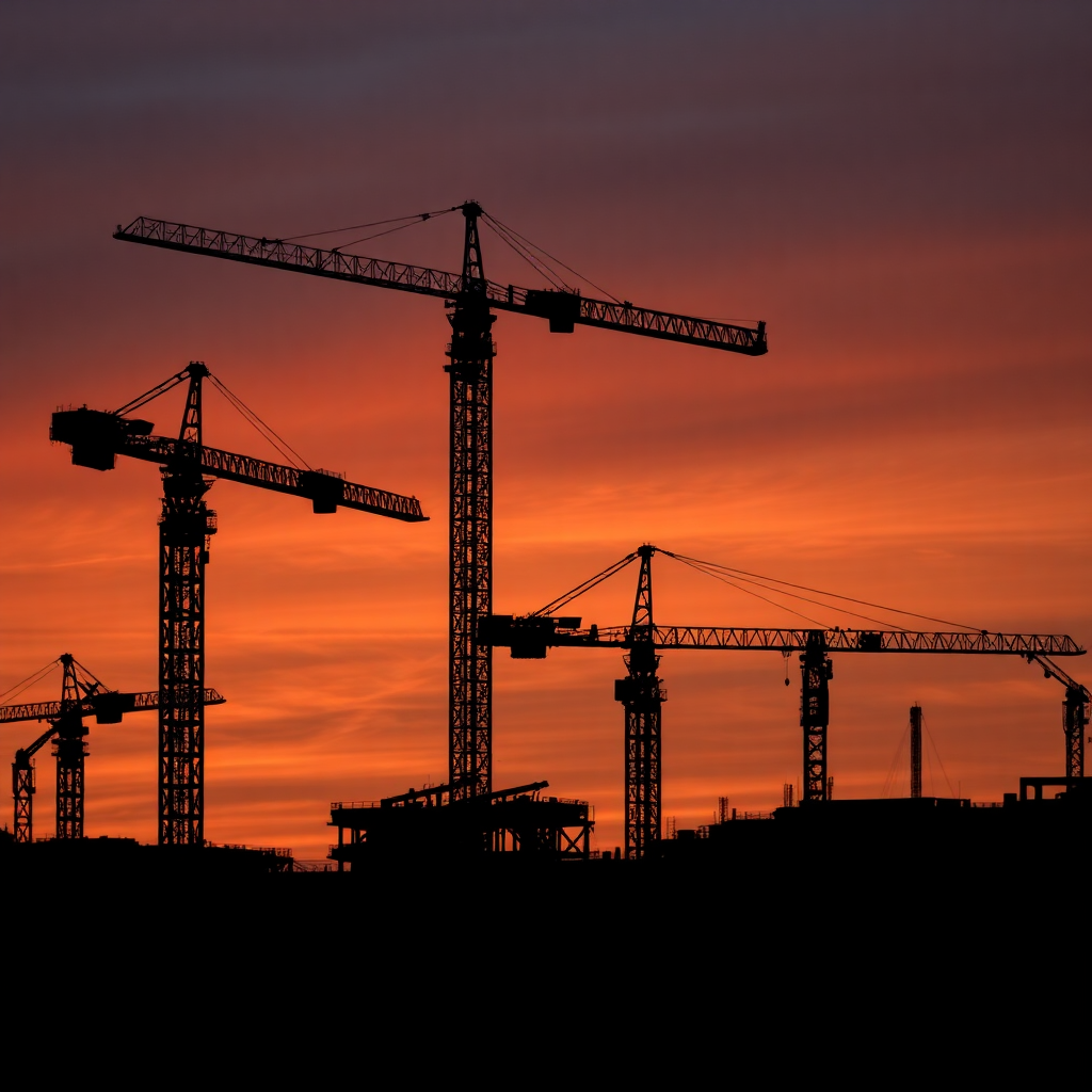 dramatic construction site at dusk with cranes and steel beams silhouette, industrial atmosphere, hi