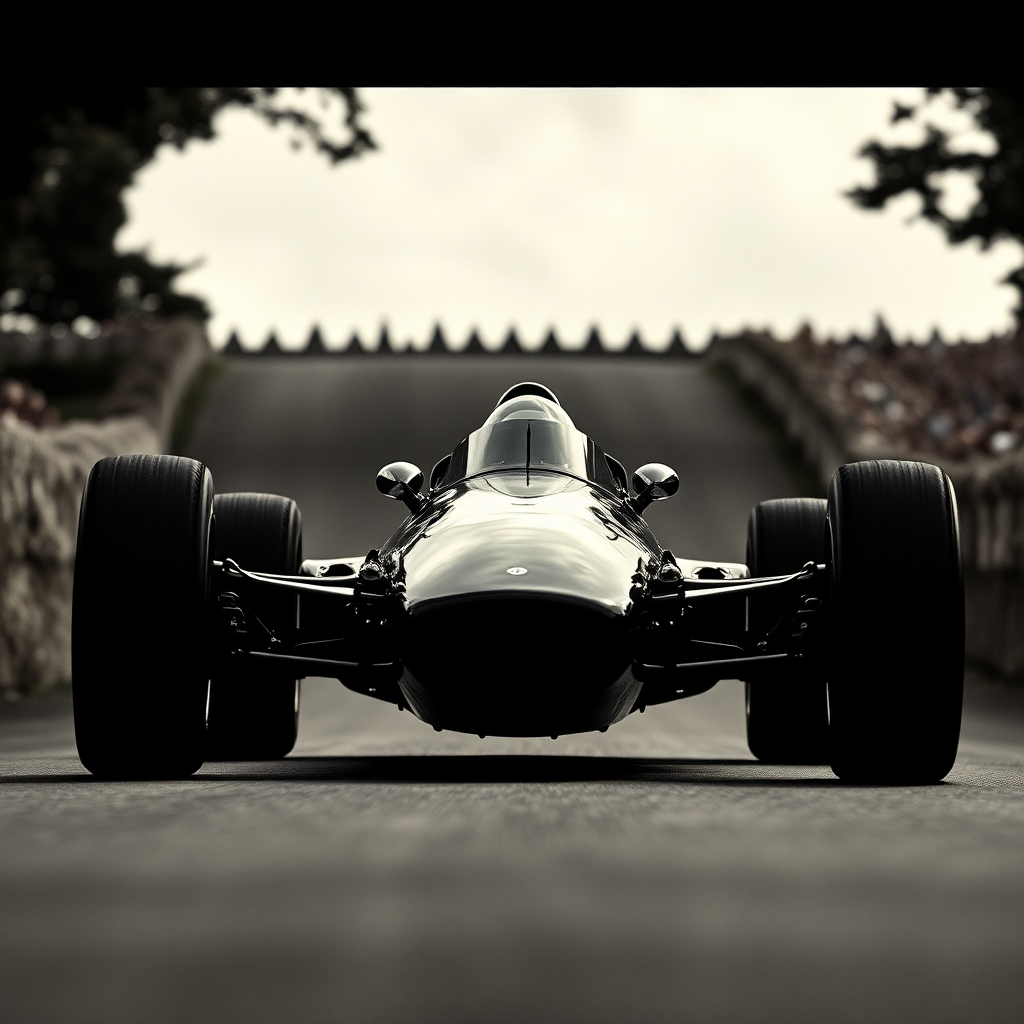 Goodwood Festival of Speed 2025 dramatic wide shot vintage Formula 1 car powering up hillclimb, edit